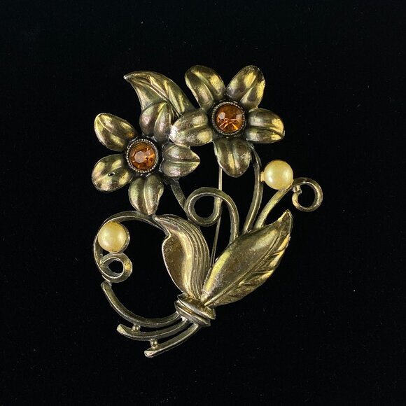Vintage Little Nemo Flower Rhinestone Faux Pearl Brooch Pin - Picture 1 of 8